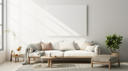 A lighted white canvas mockup hangs on the living room. Generative AI
