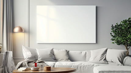 A lighted white canvas mockup hangs on the living room. Generative AI
