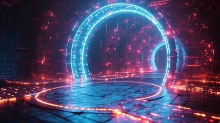 A vibrant, circular digital portal glows with blue and red lights inside a futuristic environment, generative ai