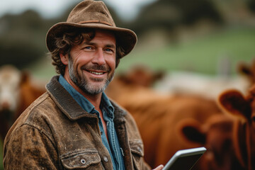 Farmer with tablet and cow on pasture