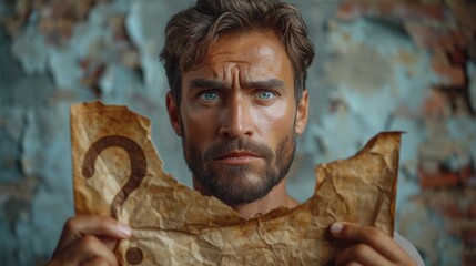 A man with blue eyes looks puzzled while holding a torn, weathered piece of paper with a question mark, generative ai