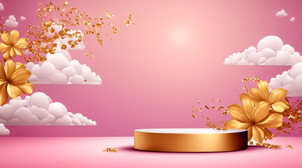 Serene scene with empty podium for display or product showcase with soft pink sky, fluffy pink clouds, and gold nature accents, IA generated