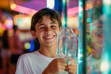 smiling teen with a prize won from an arcade redemption game
