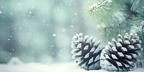 Frozen pine cones in the snow. Winter and Christmas background
