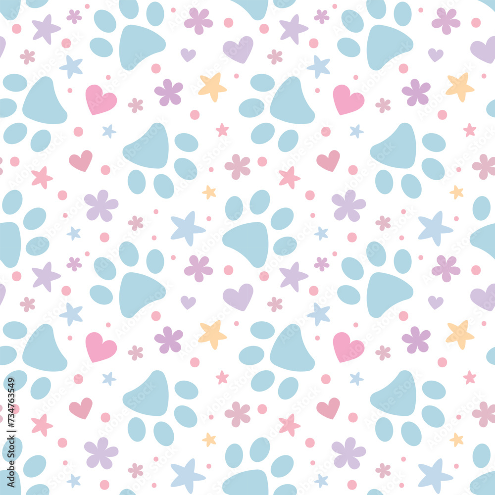 Poster adorable colorful paw print pattern for pets, vector background with stars and hearts