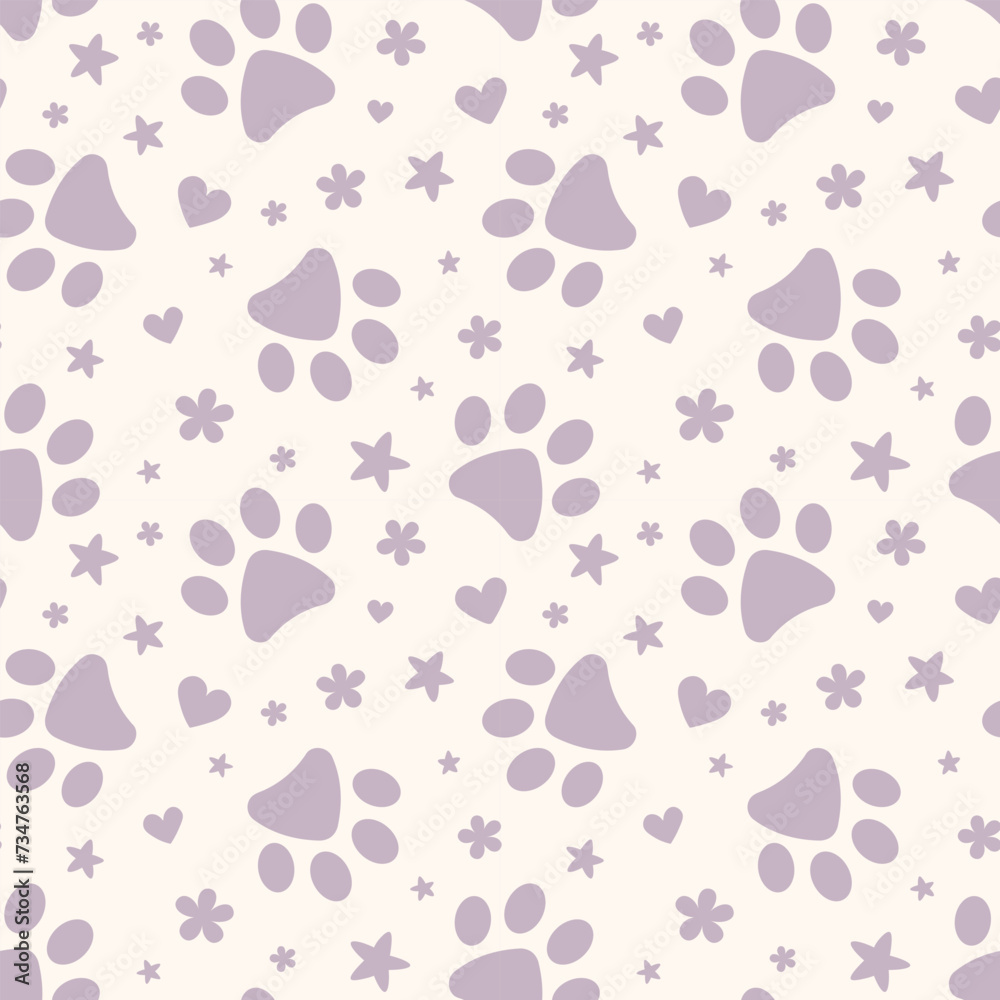 Poster purple paw seamless vector pattern with hearts and stars, adorable background for pets, repeating ti