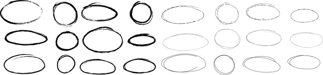 Hand drawn textured highlight circles and ovals, isolated frames set