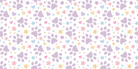 Cute paw vector pattern for pets with hearts and stars, adorable pastel background for cats or dogs