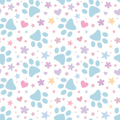 Adorable colorful paw print pattern for pets, vector background with stars and hearts