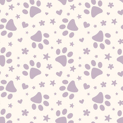 Purple paw seamless vector pattern with hearts and stars, adorable background for pets, repeating tile