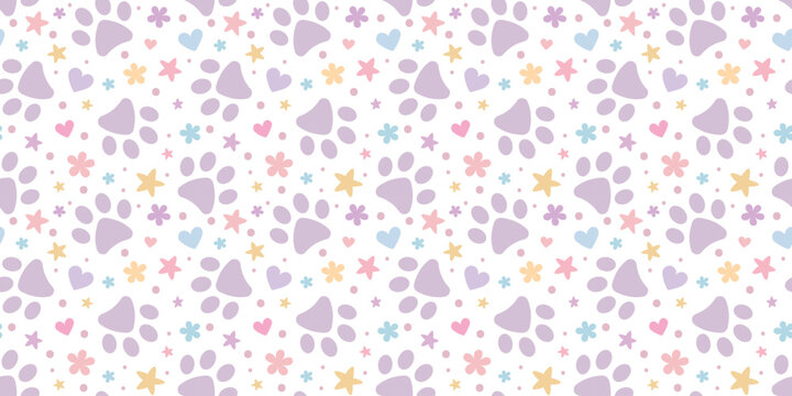 Cute paw vector pattern for pets with hearts and stars, adorable pastel background for cats or dogs