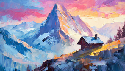 Berghütte früh morgens in den Alpen bei Sonnenaufgang - obrazy, fototapety, plakaty