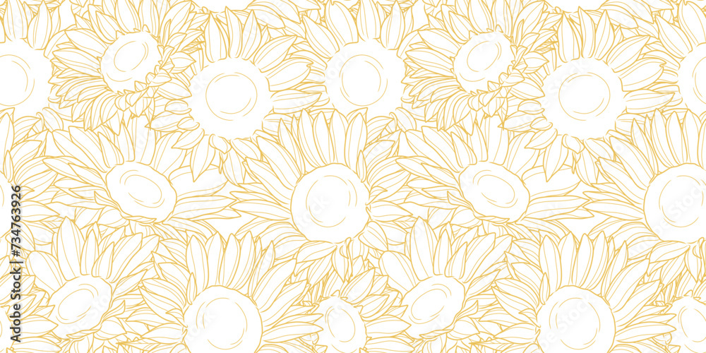 Poster Sunflower vector pattern, seamless line art illustration repeating background design