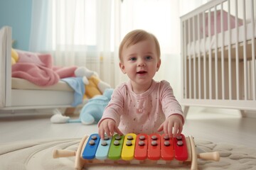 child with a xylophone in a bright nursery room