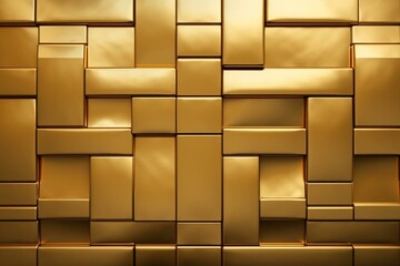 Opulent, golden wall backdrop adorned with tile pattern. Three-dimensional, rectangular, glossy block wallpaper. Three-dimensional rendering. Generative AI