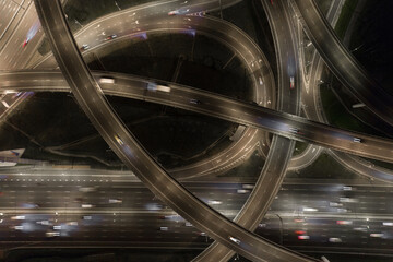 aerial view of the road junction in Moscow at night