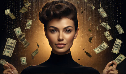 Successful luxury chic rich  woman with flying dollar banknotes and gold Old money Portrait of successful woman standing under shower from money having a lot of money in hands - obrazy, fototapety, plakaty