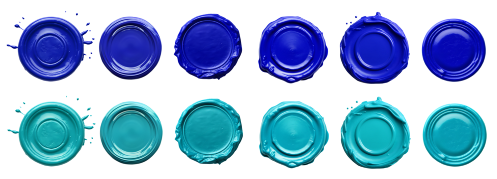 2 Collection set of dark light blue turquoise, wax seal stamp blob ink paint on transparent background cutout, PNG file. Many different design. Mockup template artwork graphic