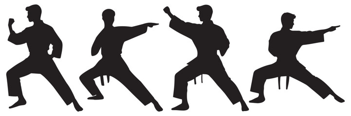 Taekwondo or karate pose silhouette set vector illustration