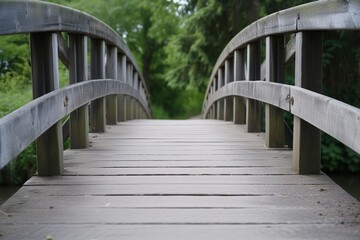 Fototapeta na wymiar focus on wooden footbridge with soft greenery in the distance