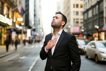 man in suit pauses on city street, experiencing chest ache