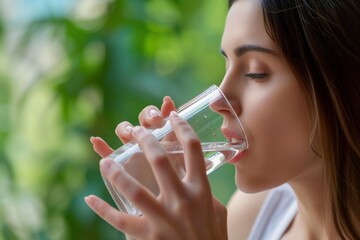 woman drinking clear water from a glass