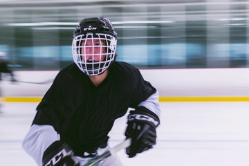 clean ice upclose, player in protective gear doing a backhand pass, blurred