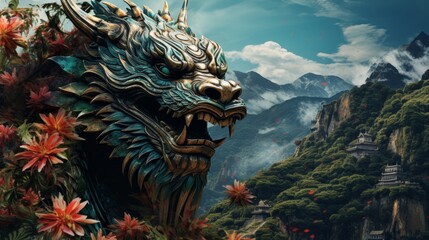 Obraz premium Cute green dragon in the chinese mountains christmas fantasy design with free copy space