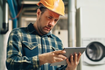 sweating engineer reading worriedly from tablet - obrazy, fototapety, plakaty
