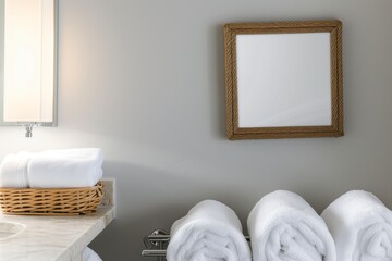 small frame on a bathroom wall, fluffy white towels on a rack below