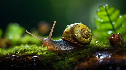 Snail lives in the rain forest, Close up, Macro image of a snail, mollusk, escargot, gastropod, slug climbing on beautiful green Moss in the rain forest, wildlife in nature and environmental concept - obrazy, fototapety, plakaty
