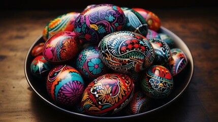 Fototapeta premium Easter eggs with vibrant decorations on rustic backdrop, enhanced with stunning lighting and depth