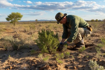 conservationist planting shrubs to resist desertification during calm - obrazy, fototapety, plakaty
