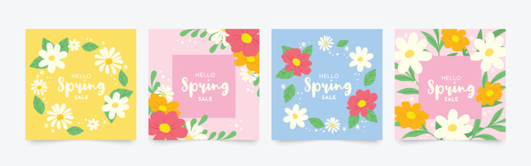 Spring season floral square cover vector. Set of banner design with flowers, leaves, branch. Colorful blossom background for social media post, website, business, ads. 
