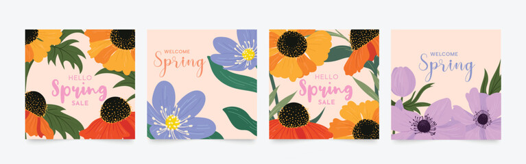 Spring season floral square cover vector. Set of banner design with flowers, leaves, branch. Colorful blossom background for social media post, website, business, ads. 