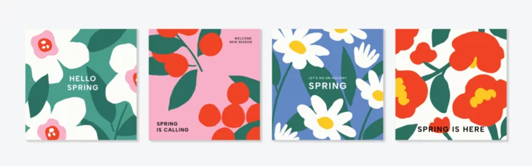 Fotobehang Spring season floral square cover vector. Set of banner design with flowers, leaves, branch. Colorful blossom background for social media post, website, business, ads.  © TWINS DESIGN STUDIO
