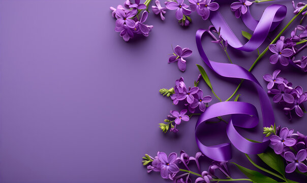 Purple flowers and ribbon on the violet background. Purple day. Increasing awareness about epilepsy worldwide concept. Copy space.