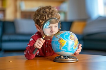 child exploring a globe with a magnifying glass