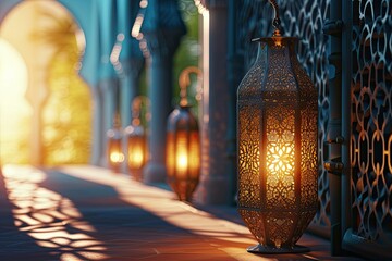 elegant mustrad arabian ornament wallpapers with islamic lantern illustration and light 