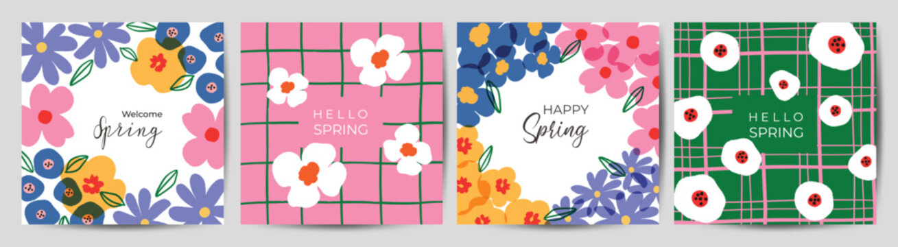 Spring season floral square cover vector. Set of banner design with flowers, leaves, branch. Colorful blossom background for social media post, website, business, ads. 