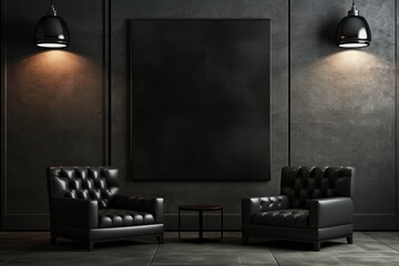 Minimalistic living room interior with empty black poster mockup frame on the wall - obrazy, fototapety, plakaty