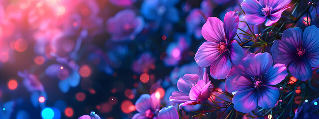 Banner with night flowers illuminated by blue light on the dark background with circle bokeh. Magic night flower concept. - obrazy, fototapety, plakaty