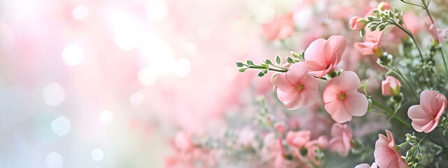 Banner with diascia flowers on the soft pink background with circle bokeh. Spring concept. Copy space