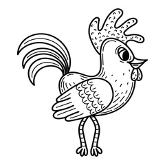 Coloring book rooster sketch. Cute funny bird. Hand drawn vector illustration.