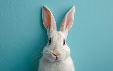 Fototapeta premium White rabbit ear on pastel blue background. Easter rabbit
