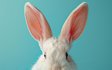 Obraz premium White rabbit ear on pastel blue background. Easter rabbit