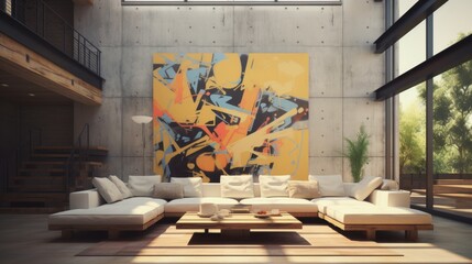 Modern living room interior with graffiti artwork, beige armchair, and wooden coffee table