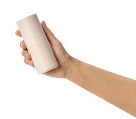 Hand holding Hair tonic bottle, Blank plastic Bottle on white background. Cosmetic beauty product...