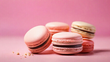 Obraz premium Colorful macaroons on pink background, close-up.