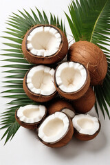 Fototapeta na wymiar Coconuts with palm leaves on white background, top view. Tropical fruit